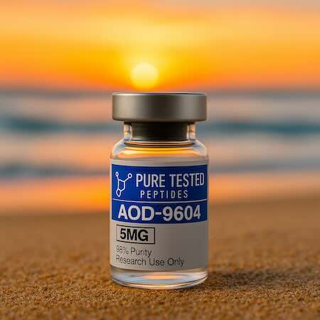 AOD9604 peptide for sale vial with blue plasma background